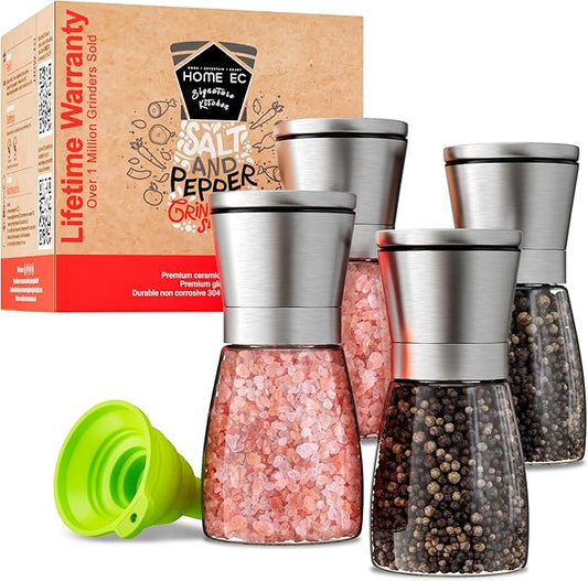 Home EC Original Stainless Steel Sea Salt and Pepper Grinder Set of 4 - Adjustable Ceramic - Glass Salt and Pepper Shakers Mills - Modern Kitchen Spice Mill W/Funnel & EBook by HOMEEC
