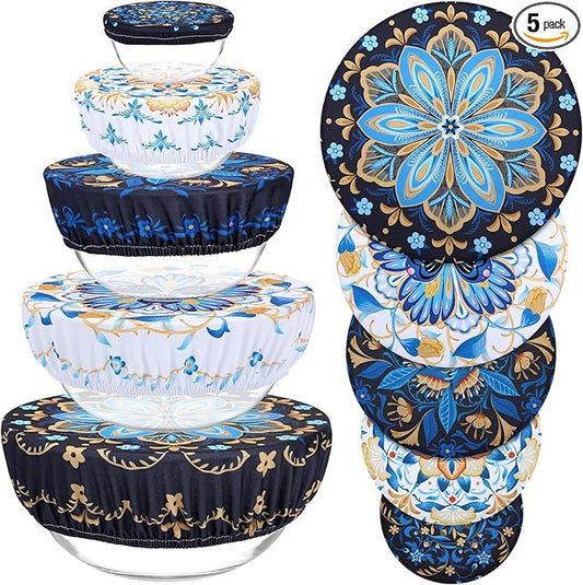 5 Pieces Bowl Covers Reusable, 5 Size Elastic Cloth Bowl Covers for Bread Proofing Stretch Food Covers Washable for Food Fruits Leftover (Lozenge Floral) by Revahope