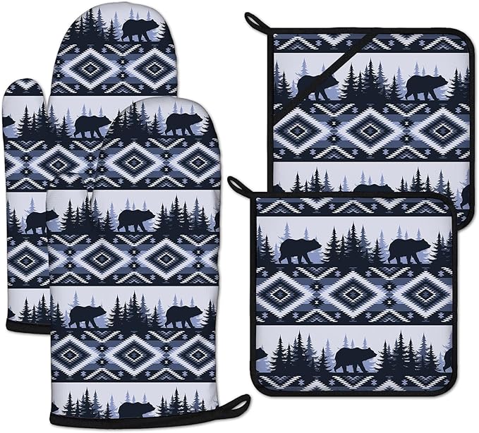 Vintage Rustic Bear Oven Mitts and Pot Holders Sets Heat Resistant 4Pcs Potholders Oven Gloves Hot Pads for Kitchen Baking Cooking Grilling BBQ