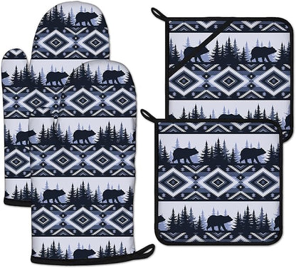 Vintage Rustic Bear Oven Mitts and Pot Holders Sets Heat Resistant 4Pcs Potholders Oven Gloves Hot Pads for Kitchen Baking Cooking Grilling BBQ