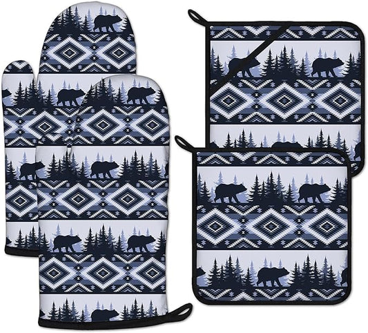 Vintage Rustic Bear Oven Mitts and Pot Holders Sets Heat Resistant 4Pcs Potholders Oven Gloves Hot Pads for Kitchen Baking Cooking Grilling BBQ