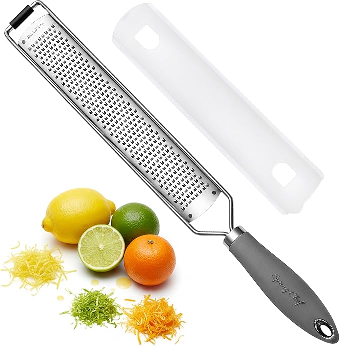 Spring Chef Stainless Steel Lemon Zester Grater with Handle - Garlic, Cheese, Parmesan, Nutmeg, Lime, Ginger Grater - Heavy Duty Kitchen Tool - Citrus Zester with Blade Cover - Fine Shred - Gray