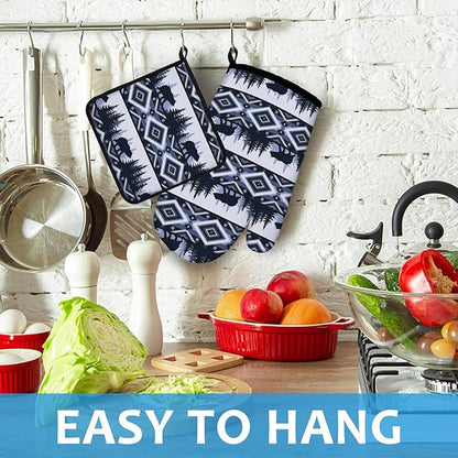 Vintage Rustic Bear Oven Mitts and Pot Holders Sets Heat Resistant 4Pcs Potholders Oven Gloves Hot Pads for Kitchen Baking Cooking Grilling BBQ
