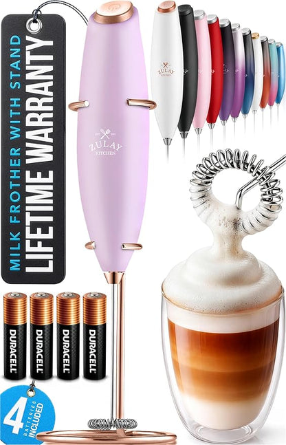 Zulay Kitchen Powerful Milk Frother Wand With 4 AA Duracell Batteries - Ultra Fast Handheld Drink Mixer - Electric Whisk Foam Maker for Coffee, Lattes, Cappuccino, Matcha & Creamer - Lilac & Rose Gold by ZulayKitchen
