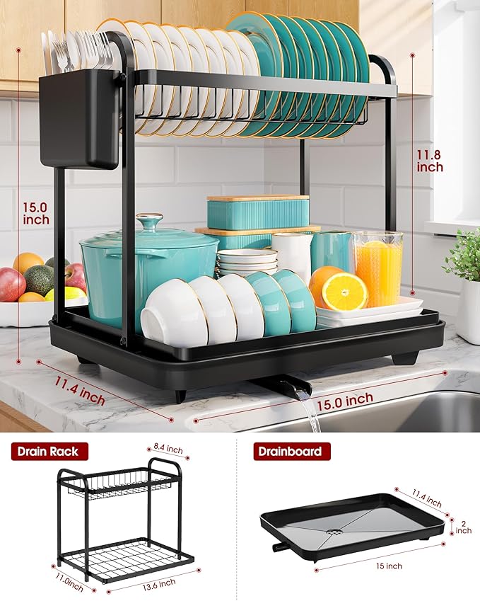 Sakugi 2-Tier Dish Drying Rack - Stainless Steel Dish Rack with Cutlery & Utensil Holders for Kitchen Counter, Sink Organization and Storage for Small Family, 15" W x 11.4" L x 15" H, Black - Image 5