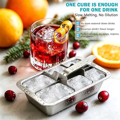 Stainless Steel Ice Cube Tray, Large Ice Cube Trays Mold for Whiskey, Metal Ice Cube Trays for Freezer with Release Lever Remove Handle, Cocktails Whiskey Ice Cubes Mold, Easy Release Large Ice Cubes