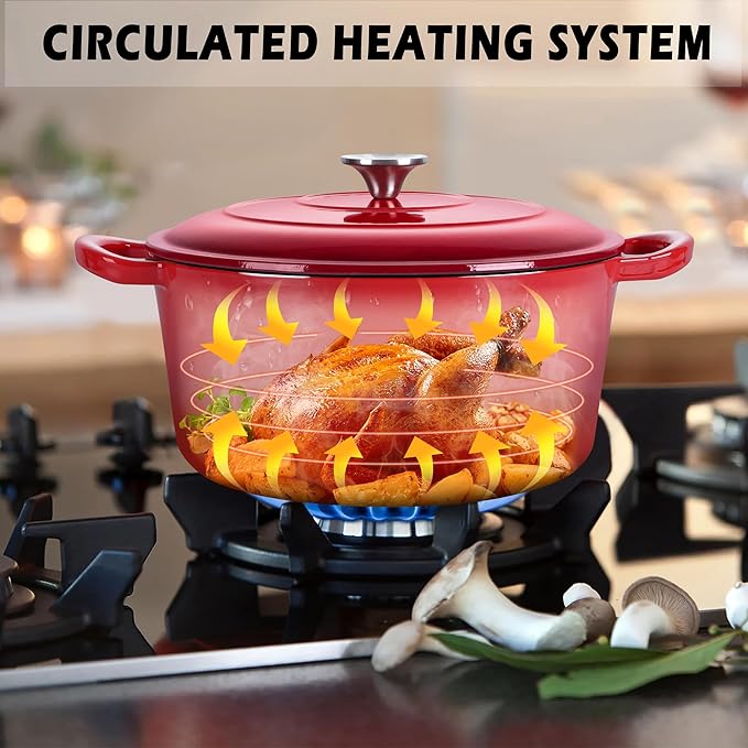 TeamFar 3qt Dutch Oven, Small Enameled Cast Iron Dutch Oven Pot with Lid, For Bread Baking/Stewing/Braising/Frying, Various Stoves & Oven Safe, Non-stick & Easy Clean, Red - Image 6