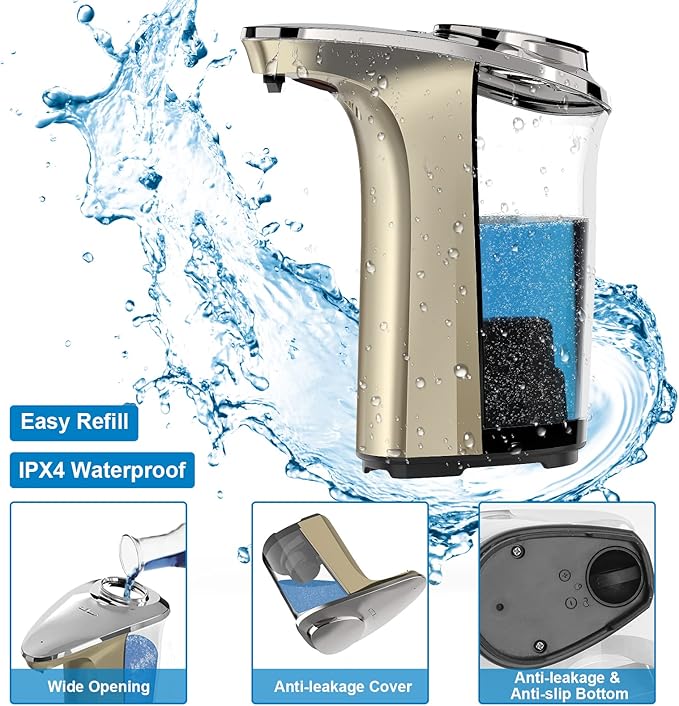 PZOTRUF Automatic Soap Dispenser, Touchless Dish Soap Dispenser 17oz/500ml with Infrared Sensor, 5 Adjustable Soap Dispensing Levels, Liquid Hand Dispenser for Bathroom Kitchen Sink(Champagne Gold) - Image 5