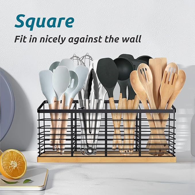 Suli Extra Large Kitchen Utensil Holder with 4 Compartments, Matte Black Metal holder with Wooden Base for Countertop, Farmhouse Cooking Utensil Storage, Rustic Cooking Utensil Organizer - Image 5