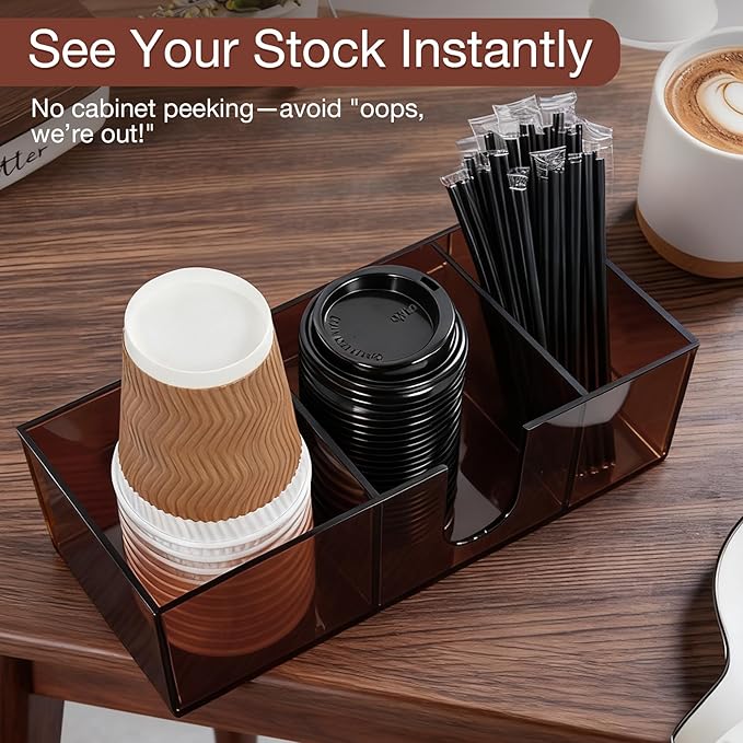 Acrylic Coffee Cup Holder for Countertop, 3 Slots Acrylic Coffee Bar Accessories and Organizer Anti Slip Waterproof, Coffee Station Organizer for Cup Lid Straw, Amber Coffee Color