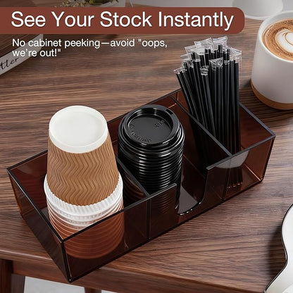 Acrylic Coffee Cup Holder for Countertop, 3 Slots Acrylic Coffee Bar Accessories and Organizer Anti Slip Waterproof, Coffee Station Organizer for Cup Lid Straw, Amber Coffee Color