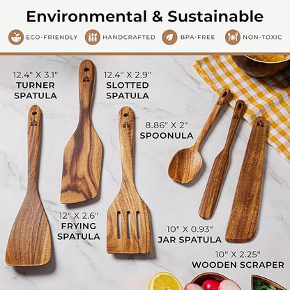 Wooden Spatula for Cooking - Non-Scratch, Sturdy, Natural Teak Cooking Utensils - Easy to Clean Wooden Spatula Set with Turner, Scraper, Slotted & Frying Wood Spatulas, Jar Scraper, Spoonula - 6 Pcs - Image 2