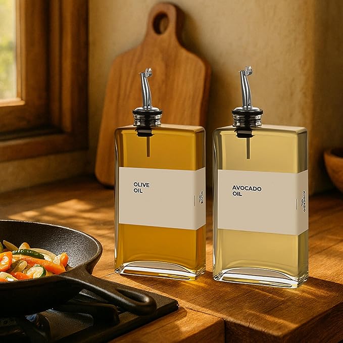 Spaceneat Olive Oil Dispenser Bottle - Includes 44 Kitchen Essential Labels - Cooking Oil Bottles for Kitchen, Coffee Syrup Dispenser - Pourer Spout with 11.8 fl oz Glass Container Cruet - 2pcs Silver - Image 7