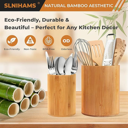 Bamboo Utensil Holder, 7.3"+5.4" Set of 2 Utensil Holders for Kitchen Counter, Bamboo Spoon and Chopstick Organizer, Flatware, Spatula & Silverware Storage Containers, for Countertop & Pantry - Image 4