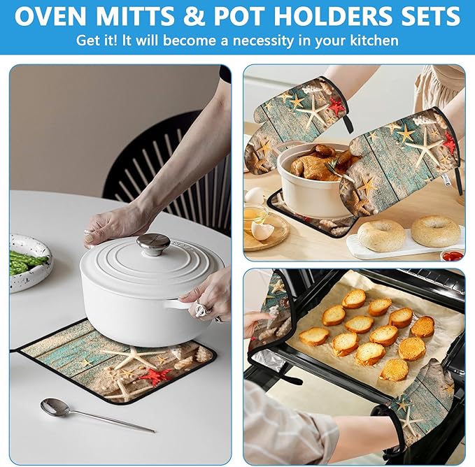 Beach Shells Starfish Oven Mitts and Pot Holders Sets Heat Resistant 4Pcs Potholders Oven Gloves Hot Pads for Kitchen Baking Cooking Grilling BBQ