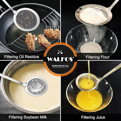 Walfos Fine Mesh Strainer and Fat Skimmer Spoon Set, Multipurpose Metal Strainers for Kitchen, Rice, Quinoa, Food, 304 Stainless Steel Fat Skimmer For Cooking, Fat, Grease, Floating Foam, 5 Pack - Image 3