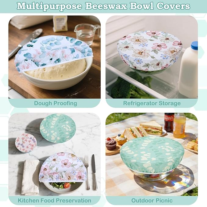 5-Size Reusable Beeswax Bowl Covers for Bread Proofing, Cotton Cloth Flexible Beeswax Wraps for Sourdough Bread Cover and Food Storage - Image 5
