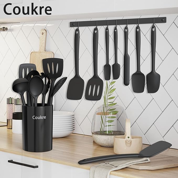 Coukre Silicone Kitchen Cooking Utensils Set with Holder – Heat-Resistant, Food-Grade Kitchen Tools, Spatula, Spoon & Gadgets for Non-Stick Pans, Dishwasher Safe (14, PureBlack) - Image 6