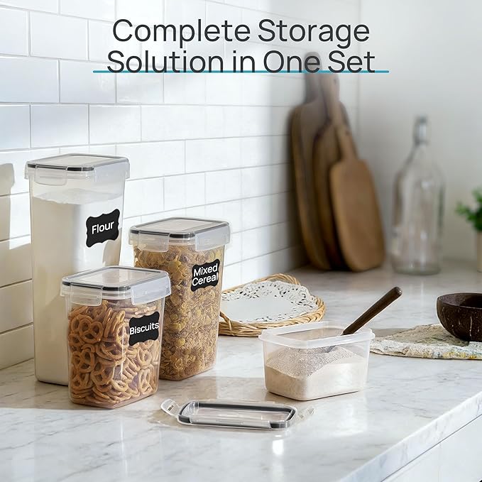 Airtight Food Storage Containers with Lids, Vtopmart 24 pcs Plastic Kitchen and Pantry Organization Canisters for Cereal, Dry Food, Flour and Sugar, BPA Free, Includes 24 Labels，Black - Image 5
