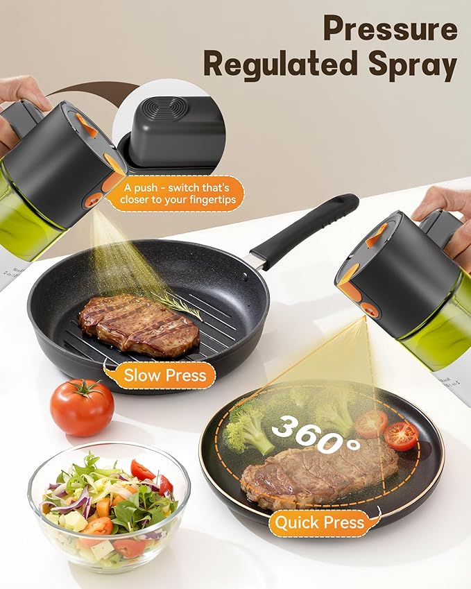 OURCABECUE Upgrade 2 in 1 Oil Sprayer for Cooking, 17oz Light-Blocking Glass Olive Oil Dispenser Bottle for Kitchen (Green+Brown Bottle-Black 2PACK) - Image 3