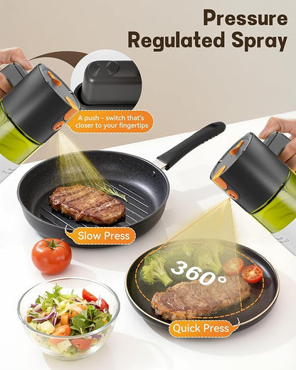 OURCABECUE Upgrade 2 in 1 Oil Sprayer for Cooking, 17oz Light-Blocking Glass Olive Oil Dispenser Bottle for Kitchen (Green+Brown Bottle-Black 2PACK) - Image 3