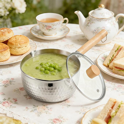 2 Quart Sauce Pan with Lid, Stainless Steel Saucepan with Dual Pour Spouts, Small Sauce Pot with Cool-Touch Wood Handle