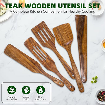 5 PCS Wooden Spatula for Cooking, Natural Teak Wooden Utensil Set, Non-Toxic Wood Cooking Utensil, Handmade Comfort Grip Wood Spoons for Nonstick Cookware - Image 6
