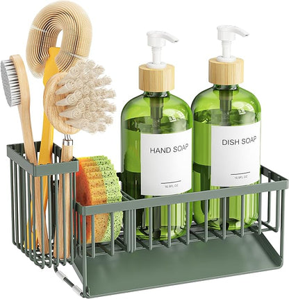 Cisily Sage Green Kitchen Dish Soap Dispenser, 16 fl Oz Dual Kitchen Soap Dispensers with Sponge Holder, Customized Stainless Steel Kitchen Soap Dispenser Set, Modern Hand and Dish Soap Bottle Set - Image 7