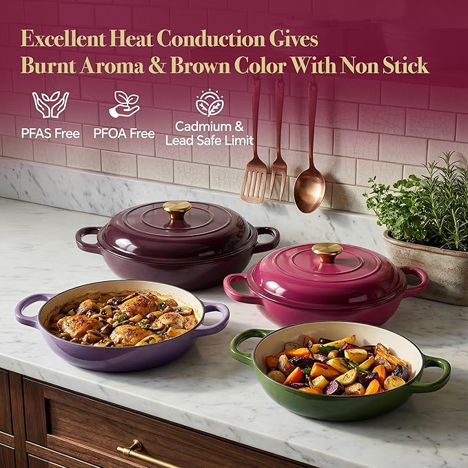Vintage Style 3 Quart Enameled Cast Iron Braiser, Non Stick Enameled Cast Iron Skillet with Lid, Dutch Oven Skillet with lid up to 500°F for Oven, Stove, Grill, Shallow Dutch Oven for Cook, Bake (Rose) - Image 2