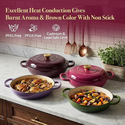 Vintage Style 3 Quart Enameled Cast Iron Braiser, Non Stick Enameled Cast Iron Skillet with Lid, Dutch Oven Skillet with lid up to 500°F for Oven, Stove, Grill, Shallow Dutch Oven for Cook, Bake (Rose) - Image 2