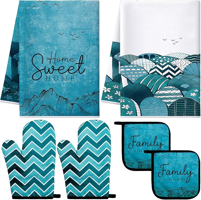 Bencailor 6 Pcs Boho Mountains Kitchen Towels Oven Mitts and Pot Holders Set Decorative Dish Towels Tea Washcloth Non Slip Heat Resistant Oven Gloves for Summer Home Cooking Baking, Turquoise by Bencailor