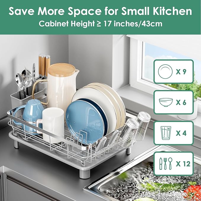 MOUKABAL Dish Drying Rack, Dish Rack, Stainless Steel Dish Racks for Kitchen Counter, Dish Drainer with Removable Utensil Holder, Drainboard (Grey,Stainless Steel,13''W x 17''L) - Image 4