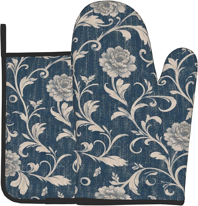 Navy Blue Oven Mitts and Pot Holders Vintage Floral Kitchen Accessories Set of 2 Teal Flowers Gloves Potholder for Chef Cooking Baking Grilling BBQ by DZGlobal