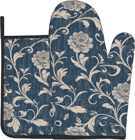 Navy Blue Oven Mitts and Pot Holders Vintage Floral Kitchen Accessories Set of 2 Teal Flowers Gloves Potholder for Chef Cooking Baking Grilling BBQ by DZGlobal