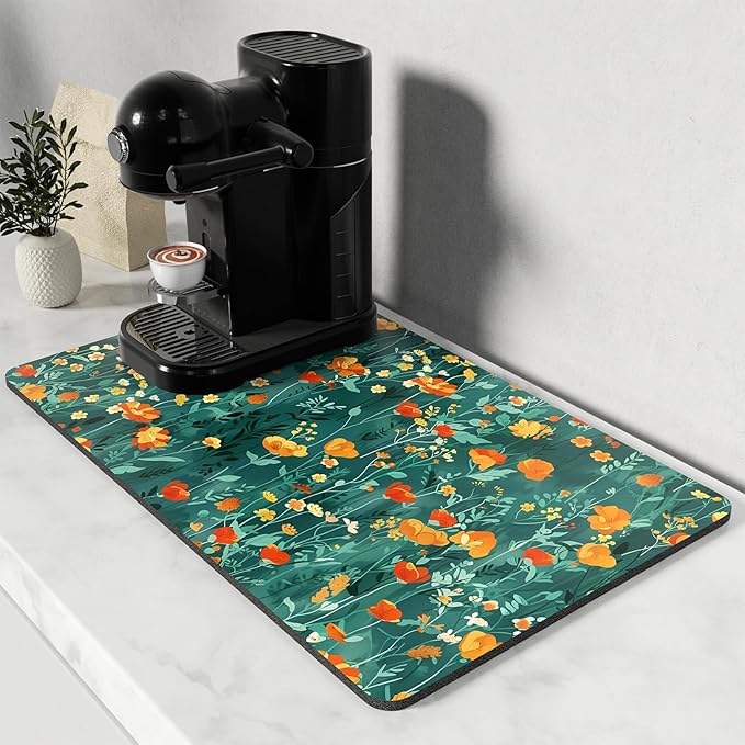 Rnivvi Coffee Mat, 12" x 19" Cute Coffee Bar Mats for Espresso Machine Station Accessories and Organizer, Hide Stain Rubber Backed Absorbent Dish Drying Pad for Kitchen Counter, Gentle Forest Flowers by Rnivvi