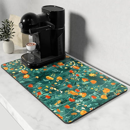 Rnivvi Coffee Mat, 12" x 19" Cute Coffee Bar Mats for Espresso Machine Station Accessories and Organizer, Hide Stain Rubber Backed Absorbent Dish Drying Pad for Kitchen Counter, Gentle Forest Flowers by Rnivvi