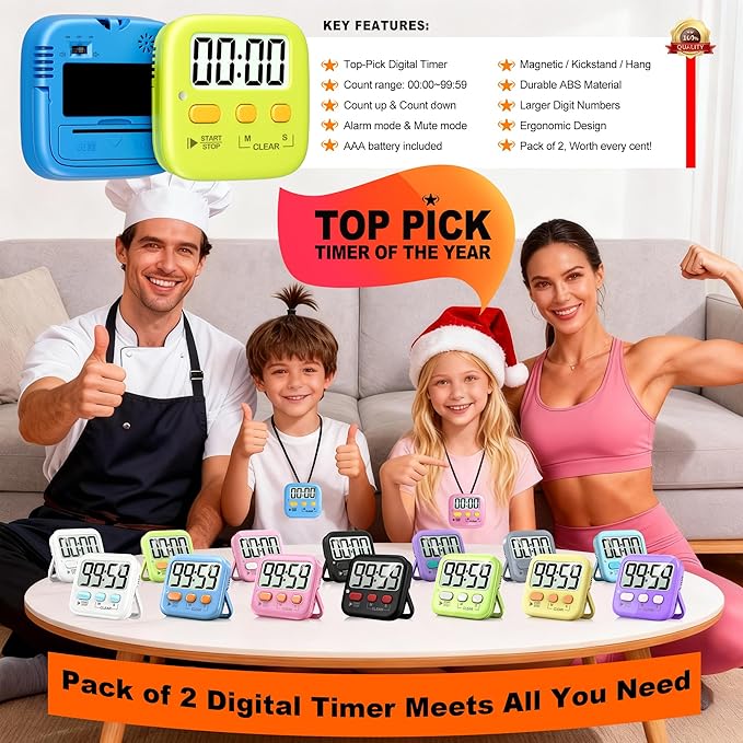 Antonki 2 Pack Digital Timer for Kids, Magnetic Countdown Kitchen Timers for Cooking, Egg, Classroom, Teacher, Exercise, Study, Oven - Battery Included - Image 8
