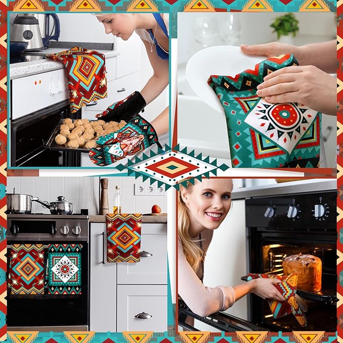 Jingmore 6 Pcs Kitchen Decor Set Accessorie Farmhouse Kitchen Towels Pot Holders Oven Mitts Set 2 Dish Towels 2 Pot Holders 2 Cooking Mittens Oven Glove for Cooking(Retro Color,Western Boho Aztec) - Image 4