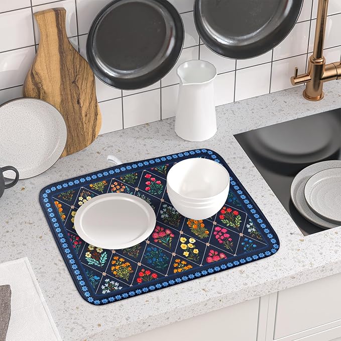 Lapis Blue Dish Drying Mat for Kitchen Counter Flowers Microfiber Absorbent Dish Draining Reusable Washable Small - Image 6