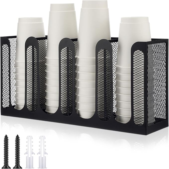 Maxcheck Metal Mesh Cup and Lid Holder Coffee Paper Cup Dispenser Lid Holder Storage Organizer Countertop or Wall Mount for Coffee Bar, Kitchen, Breakroom(4 Compartments,16.1 x 4.1 x 8 Inch)