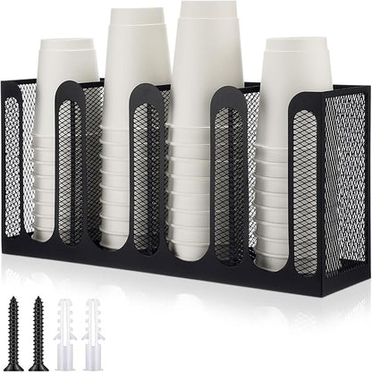 Maxcheck Metal Mesh Cup and Lid Holder Coffee Paper Cup Dispenser Lid Holder Storage Organizer Countertop or Wall Mount for Coffee Bar, Kitchen, Breakroom(4 Compartments,16.1 x 4.1 x 8 Inch)
