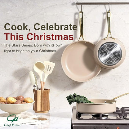 Chef Power Ceramic Frying Pan with Stainless Steel Handle 5Pcs Set, Non Stick Grill Pan Set, Dishwasher and Oven Safe, Taupe and Light Gold Handle - Image 7