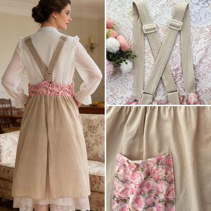 Uaussi Cotton Linen Apron Cross Back Work Apron for Women with Pockets Pinafore Dress X Cross Halter Apron for Chef Gardening - Image 3