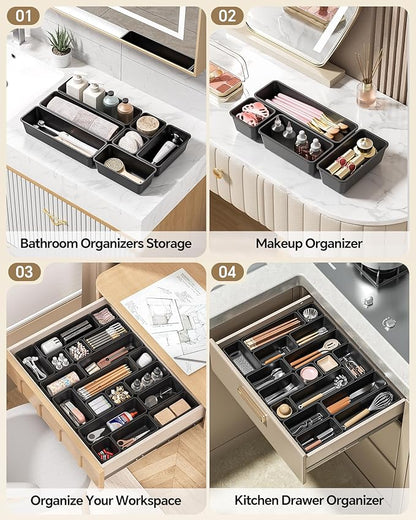 Canfanni 13 Pack Plastic Drawer Organizers Set, 3 Sizes Desk Drawer Organizer Trays for Vanity and Makeup Organizer, Organization and Storage for Makeup, Kitchen Utensils, Bathroom and Office(Black) - Image 5