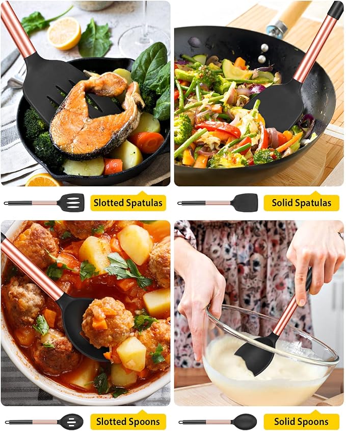 Pack of 4 Silicone Cooking Utensils Set, Non Stick Large Solid Spatulas, Heat Resistant Rose Gold Black Slotted Spoons, Ideal BPA Free Kitchen Turners for Frying, Mixing,Serving,Draining,Turning - Image 3