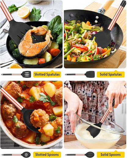 Pack of 4 Silicone Cooking Utensils Set, Non Stick Large Solid Spatulas, Heat Resistant Rose Gold Black Slotted Spoons, Ideal BPA Free Kitchen Turners for Frying, Mixing,Serving,Draining,Turning - Image 3