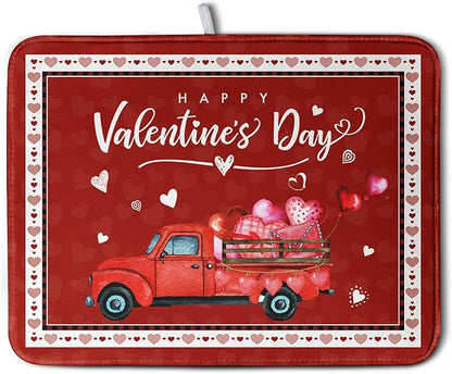 Happy Valentine's Day Dish Drying Mat for Kitchen Red Love Heart Truck Plaid Drying Mats Super Absorbent Dishes Drainer Pad Reversible Microfiber Dish Drying Rack Mat for Kitchen Counter 18x24 Inch by Kwlegh