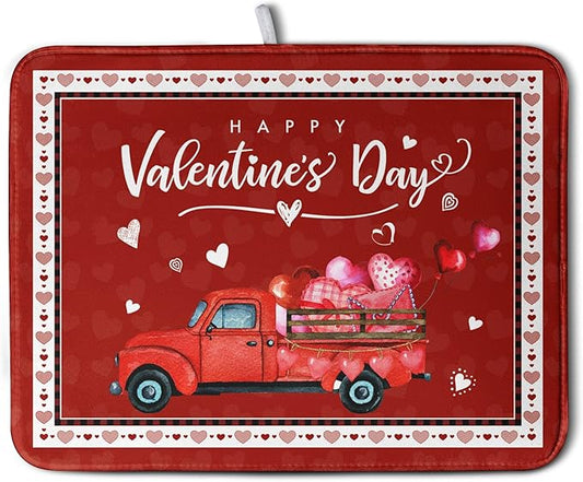 Happy Valentine's Day Dish Drying Mat for Kitchen Red Love Heart Truck Plaid Drying Mats Super Absorbent Dishes Drainer Pad Reversible Microfiber Dish Drying Rack Mat for Kitchen Counter 18x24 Inch by Kwlegh