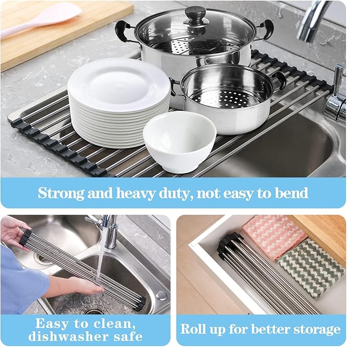 Seropy Roll Up Dish Drying Rack Over the Sink Drying Rack for Kitchen Counter, Rolling Dish Rack Over Sink Mat, Foldable Dish Drainer Stainless Steel Rack Kitchen Organization Gadgets 20.5"x11.8" - Image 7