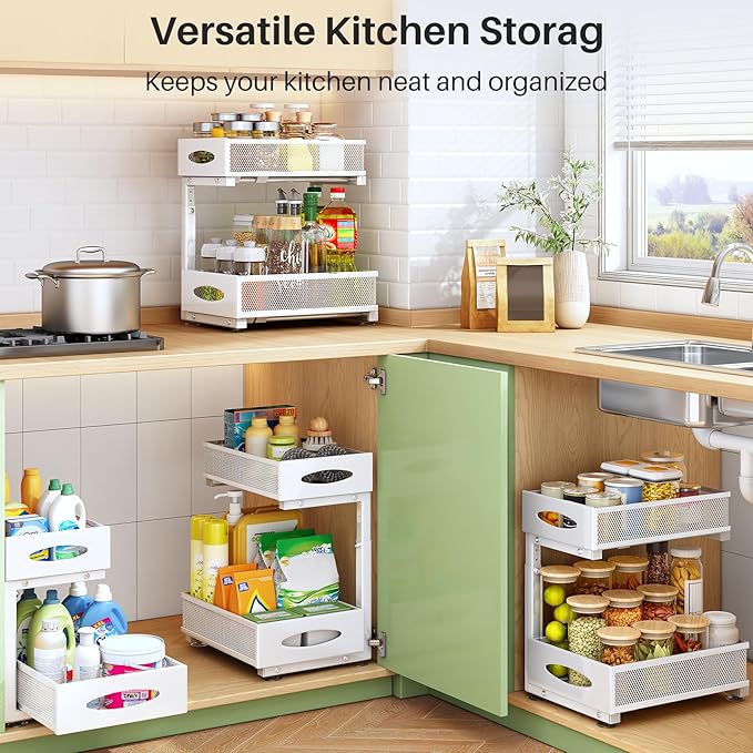 Under Sink Organizer, 2 Pack 2 Tier Pull out Cabinet Organizer Baskets with Mesh Sliding Drawers, Slide out Sink Storage Shelves for Kitchen, Bathroom, Pantry, Cabinet Organizers and Storage(White) - Image 9